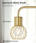 Close-up of Brass Gold Standing Floor Lamp With 6W LED Bulb Foot Switch Tall Metal Stand Modern Industrial Shade