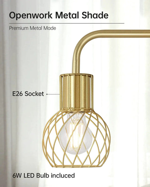 Close-up of Brass Gold Standing Floor Lamp With 6W LED Bulb Foot Switch Tall Metal Stand Modern Industrial Shade