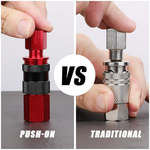 Comparison of push-on and traditional coupler from One Quarter Inch Air Compressor Fittings Kit With Universal Coupler, 14-Piece