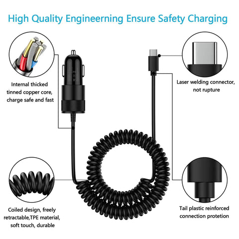 Car Charger Adapter With PD 30W USB C And 18W USB A Dual Fast Charge 2.8Ft Coiled Cable showing components and features