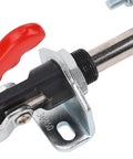 Close-up of Beefy Pro Grade Heavy Duty Double Head Push Pull Toggle Clamp For Woodworking Jigs And Welding, metal construction.