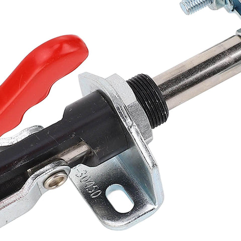 Close-up of Beefy Pro Grade Heavy Duty Double Head Push Pull Toggle Clamp For Woodworking Jigs And Welding, metal construction.