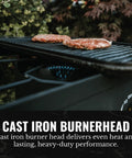 Propane Double Burner Camp Stove With High Heat Output Adjustable PSI Regulator shown with cast iron burner and burgers