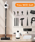 Heavy Duty 16 In One Detachable Steam Mop And Handheld Steamer For Hardwood Floors Tile And Grout accessories displayed on a light background.