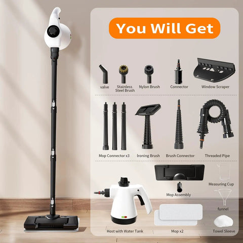Heavy Duty 16 In One Detachable Steam Mop And Handheld Steamer For Hardwood Floors Tile And Grout accessories displayed on a light background.