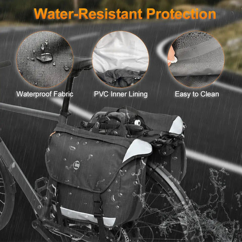 Rear Rack Panniers With 25 To 35 Liter Expandable Capacity Water Resistant Cycling Luggage For Ebike Commuters in rain