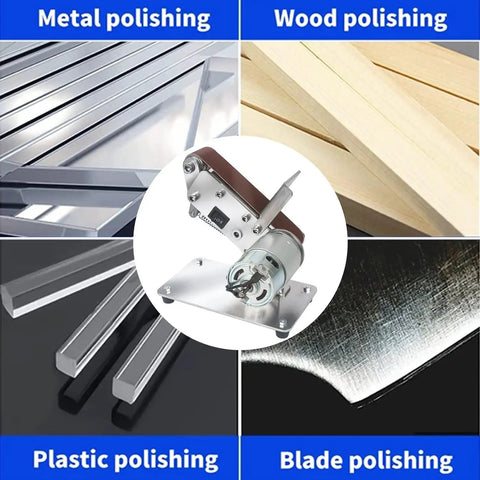 Mini Electric Belt Sander Bench Grinder Polishing Kit for Knife Making Woodworking showcasing metal, wood, plastic, and blade polishing.