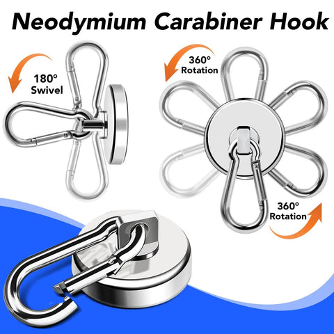 Bad Boy Magnetic Carabiner Hooks, 70 Lbs Hold, 12 Pack, Stainless Steel Swivel Magnets, showing 360° rotation and 180° swivel features.