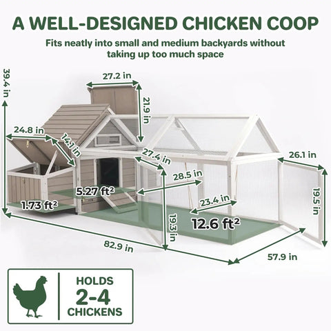 Spacious Outdoor Wooden Chicken Coop With Run For 2 To 4 Chickens, Two Nesting Boxes, Pull Out Trays, Four Perches And Ramp, Grey