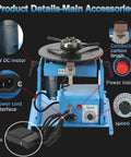 Heavy Duty Welding Turntable Manipulator Featuring Foot Switch And Three Jaw Lathe Chuck showing 20W DC motor and speed control features.