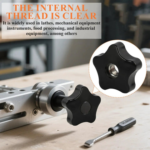 Six Piece Three Eighths Sixteen Thread Five Point Star Thumb Knobs With Ergonomic Non Slip Grip for easy tightening on machinery.