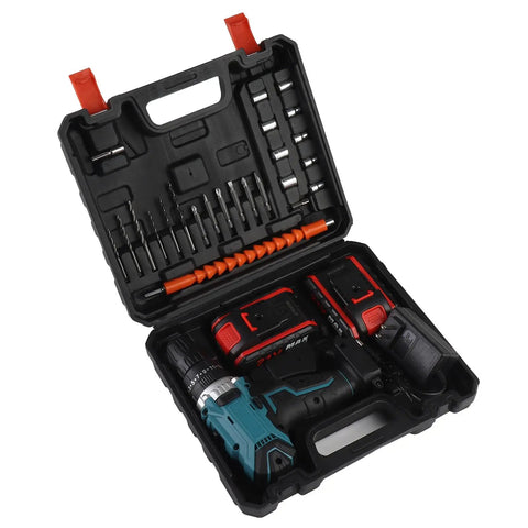 Heavy Duty Cordless Electric Drill Kit With Two 21V Lithium Batteries And Quick Swap Chuck in a black carrying case with tools and accessories.