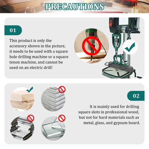 Precautions for using DIY Friendly Bench Drill Locator Set For Woodworking Mortiser Square Hole Drill Guide Kit instructions.