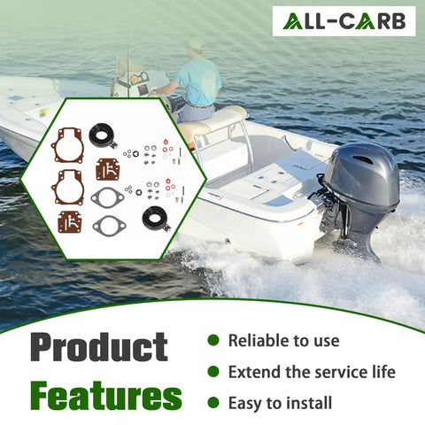 Two Pack Carburetor Repair Kit With Float Replacement For Johnson Evinrude Outboard Motors 18 20 25 28 30 35 40 45 48 50 55 60 65 70 75 HP Compatible Easy Install Rebuild Kit shown with boat on water