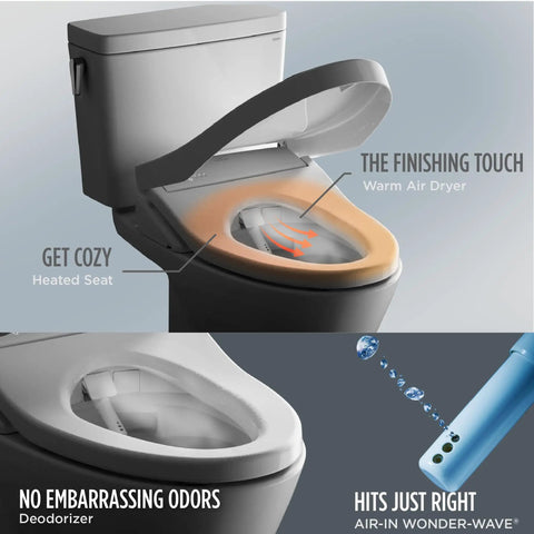 Top Tier Electronic Bidet Toilet Seat With Instant Warm Water Washlet Slick Self Cleaning Wand And Auto Open Close Lid Elongated Frame showing heated seat and warm air dryer features.