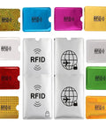 RFID Blocking Sleeves Set With 16 Pieces 10 Credit Card Holders And 4 Passport Protectors in various colors and designs.