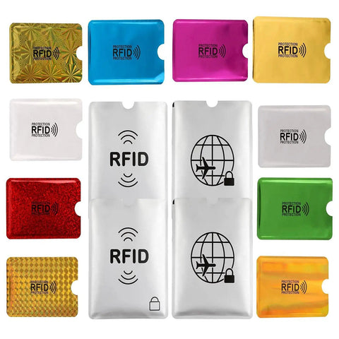 RFID Blocking Sleeves Set With 16 Pieces 10 Credit Card Holders And 4 Passport Protectors in various colors and designs.
