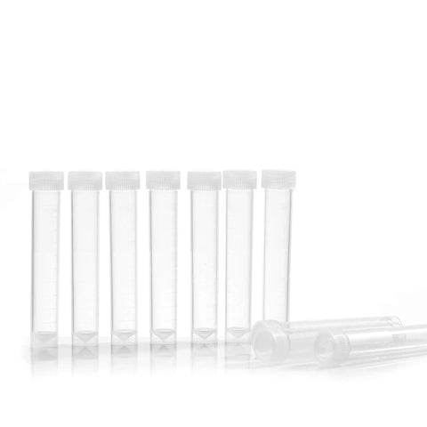 10 Pack 10ml Frozen Lab Test Tubes With Sealing Caps, Clear Plastic Vials For Laboratory Use, School Education And Research, Safe Long Term Storage, Easy Read Volume Scale, shown upright and laid down