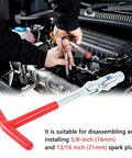 Heavy Duty Carbon Steel T Handle Spark Plug Socket Wrench Kit with 5/8 and 13/16 inch sockets used on engine repair.
