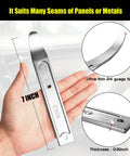 4140 Stainless Steel Pry Tool Set shown in hand, measuring 7 inches, highlighting 24ga thin tip and 0.15-inch thickness for trim removal