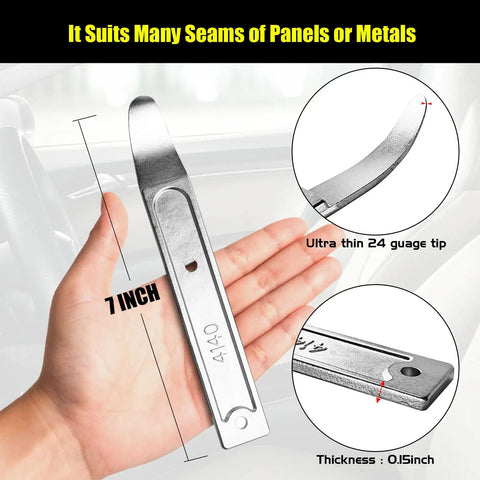 4140 Stainless Steel Pry Tool Set shown in hand, measuring 7 inches, highlighting 24ga thin tip and 0.15-inch thickness for trim removal