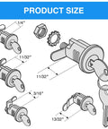Universal Mailbox Lock Replacement Kit with four keys and five lock size options illustration.
