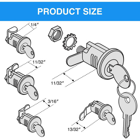 Universal Mailbox Lock Replacement Kit with four keys and five lock size options illustration.