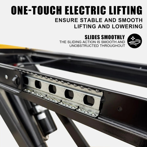 Heavy Duty Portable Hydraulic Lift Table With Foldable Scissor Design, showing one-touch electric lifting mechanism and smooth rail.