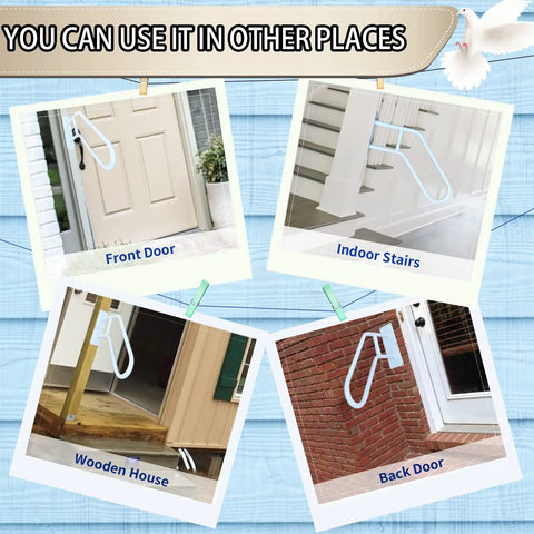 A Straight Up Rock Solid Wall Mounted Handrail Grab Bar For Indoor And Outdoor Steps Featuring Heavy Duty White Steel Railing by front door.