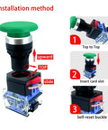 Installation method for Green 22mm Mushroom Head Momentary Push Button Switch with 1NO 1NC silver contacts 10A