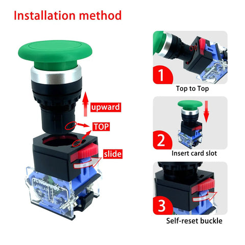 Installation method for Green 22mm Mushroom Head Momentary Push Button Switch with 1NO 1NC silver contacts 10A