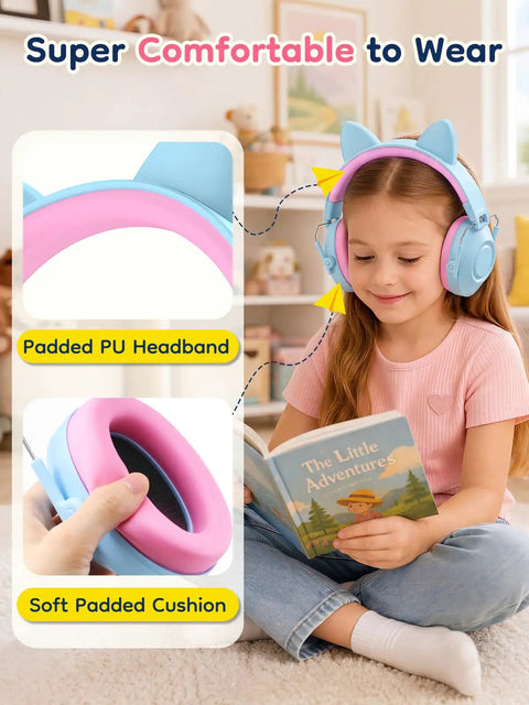 Kids Noise Canceling Ear Muffs 32dB SNR For Concerts And Fireworks Adjustable Hearing Protection For Autism Sensory Memory Foam Padding And Breathable PU Leather Blue With Fun Stickers, child wearing blue cat-ear earmuffs