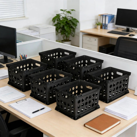 Durable Plastic File Crate With Ergonomic Handles For Letter And Legal Size Documents in black, shown on office desks, stackable design.