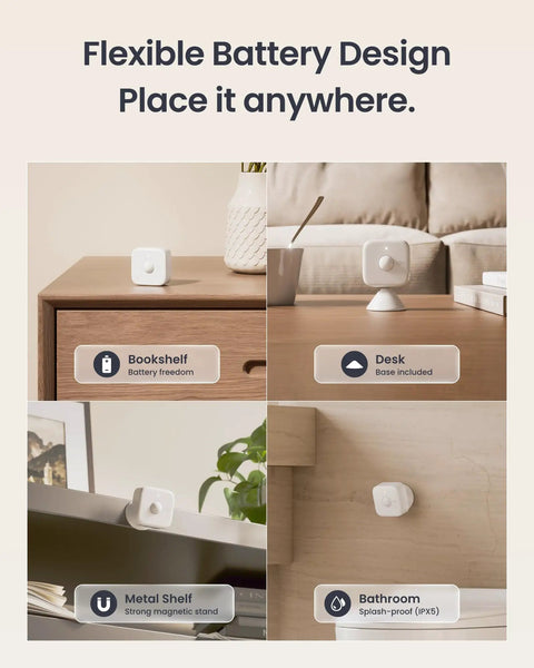 Smart MmWave Radar Motion Sensor in various installation spots: bookshelf, desk, metal shelf, bathroom. Flexible battery design.