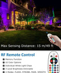 12W RGB Low Voltage Landscape Lights with RF Remote illuminating house and garden with colorful accents, remote shown in hand.