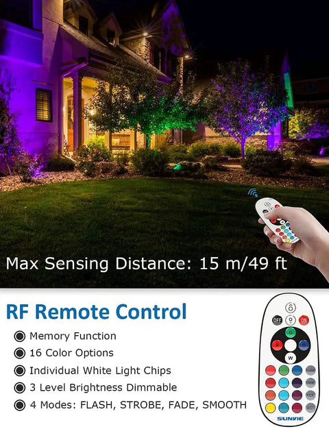 12W RGB Low Voltage Landscape Lights with RF Remote illuminating house and garden with colorful accents, remote shown in hand.