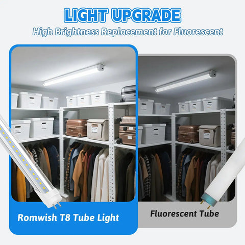 2Ft LED Tube Light Type B Replacement Bulbs 4 Pack T8 T10 T12 10W 24W Equivalent 5000K Daylight 1120 Lumens Clear Cover in closet