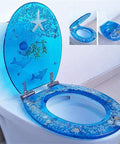 Dead Silent Soft Close Toilet Seat With Quick Release Hinges And Automatic Lowering featuring a decorative blue ocean design.