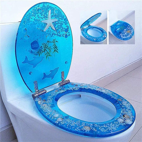 Dead Silent Soft Close Toilet Seat With Quick Release Hinges And Automatic Lowering featuring a decorative blue ocean design.