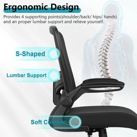 All Day Comfort Ergonomic Office Chair With Breathable Mesh, Adjustable High Back, Lumbar Support, Flip Up Armrests