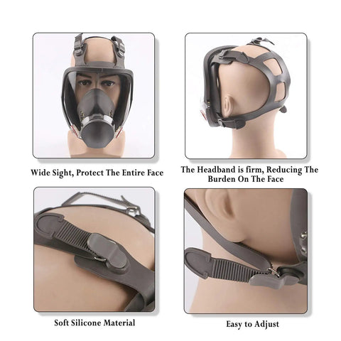 Front and side view of Full Face Reusable Respirator for Organic Vapor and Particulate Filter Protection with silicone straps.
