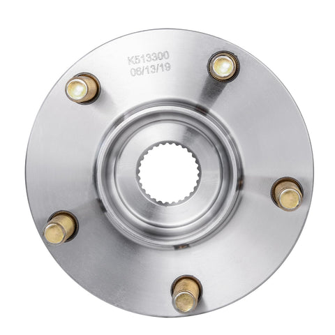 AWD Front Two Piece Wheel Bearing Hubs Kit For 2008 2015 Mitsubishi Lancer Replacement With 5 Lug Encoder ABS 4 Bolt Flange Rust Resistant Studs And Front Wheel Hub Assembly viewed from top