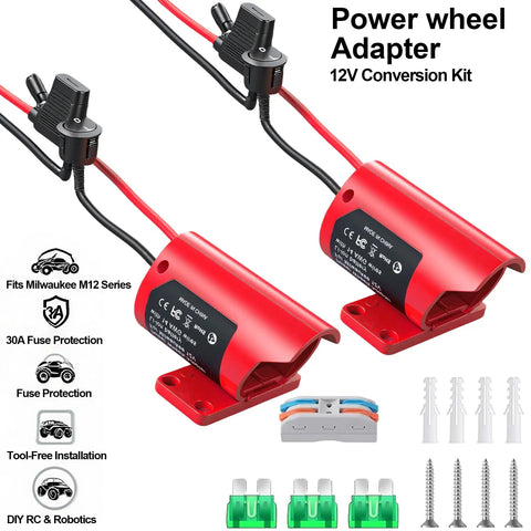 M12 Battery Adapter For Milwaukee Packs 12V Conversion Kit with red housing, switch fuse terminals for DIY RC cars and robotics.