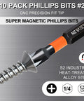 10 Pack Magnetic Phillips Bit Set PH2 Impact Magnetic Bits For Drill And Screwdriver One Inch To Six Inch Long Premium S2 Steel Quarter Inch Hex Shank For Impact Drivers Perfect For Pros And DIYers close-up of one bit with screw