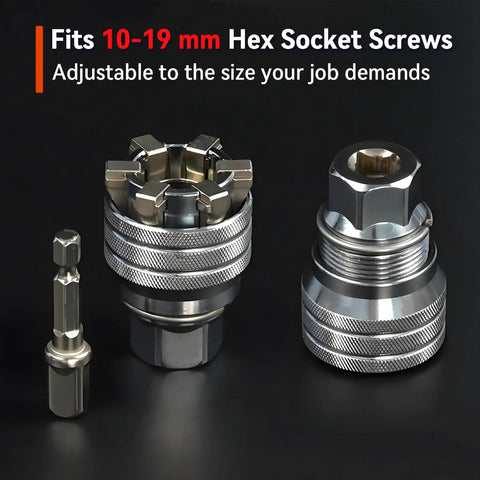 Upgraded Adjustable Universal Socket Wrench Tool For DIYers And Pros, 10mm To 19mm Universal Socket displayed with sleeve attachment