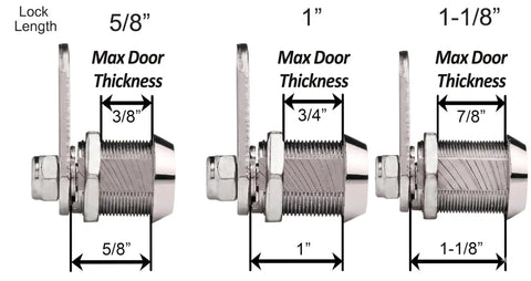 Side view of three chrome tubular cam locks with length and door thickness dimensions, part of Tough As Nails Tubular Cam Lock Set With Removable Keys Keyed Alike Chrome Finish RV Storage Lock For Cabinets Drawers And Compartments Pack Of Ten Five Eighth Inch 90 Degree