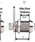 Diagram showing 5/8 inch, 1 inch, and 1-1/8 inch lock lengths with max door thickness for Tubular Cam Lock Set With Keyed Alike Removable Keys.