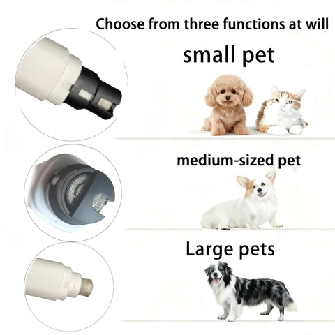 Quiet Electric Pet Nail Grinder For Dogs And Cats Featuring Dual Speed Modes And Usb Charging With A Safe Guard For Low Noise Paw Smoothing That Keeps Sessions Super Chill And Drama Free For Your Furballs In Bright White, showing three sizes for pets.
