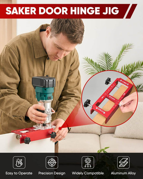 Man using Adjustable Door Hinge Jig For Aluminum Alloy Doors Router Template Fits Hinges From Two And A Half To Five Inches
