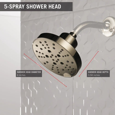 H2Okinetic 5 Setting Raincan Shower Head in Champagne Bronze, 6-inch diameter, Touch Clean, mounted on wall, side view.